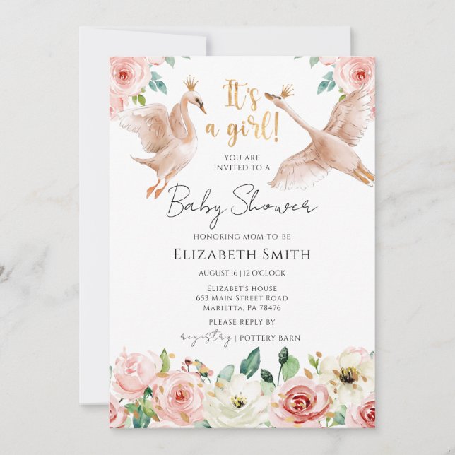 Invitation Floral Swan Princess Baby Shower (Devant)