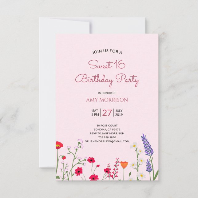Invitation Floral Sweet 16 fête d'anniversaire (Devant)
