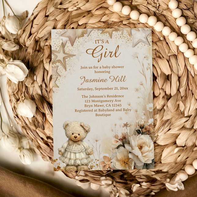Invitation Floral Teddy Bear C’est un Baby shower féminin (Créateur téléchargé)