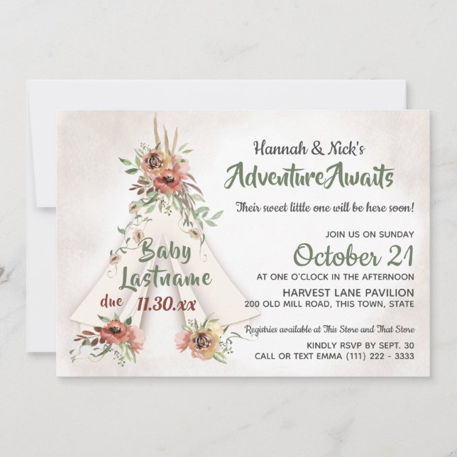 Invitation Floral Teepee Boho Adventure Await Baby shower I (Devant)