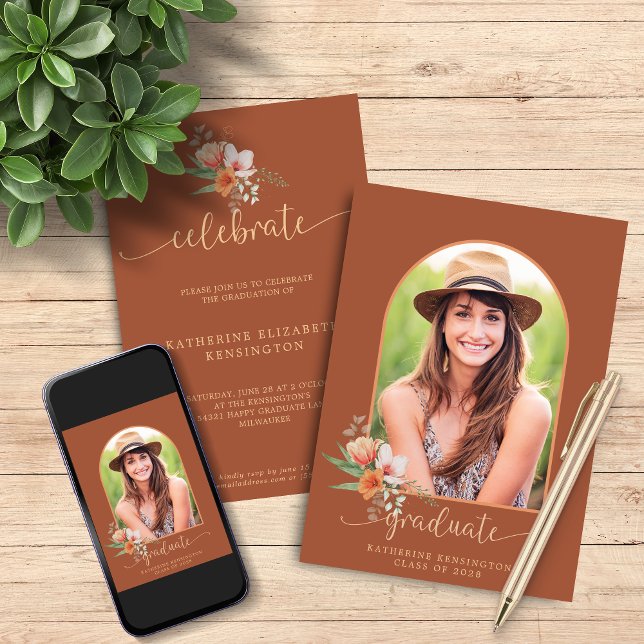 Invitation Floral Teracotta Boho Arch Photo Graduation (Floral Teracotta Boho Arch Photo Graduation Invitation Announcement with Instant Download)