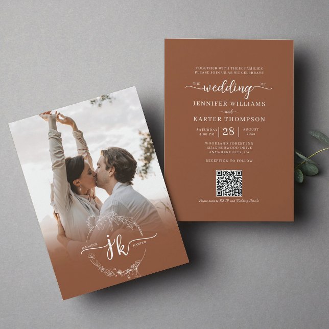 Invitation Floral Terracotta Monogramme Photo QR Code Mariage (Créateur téléchargé)