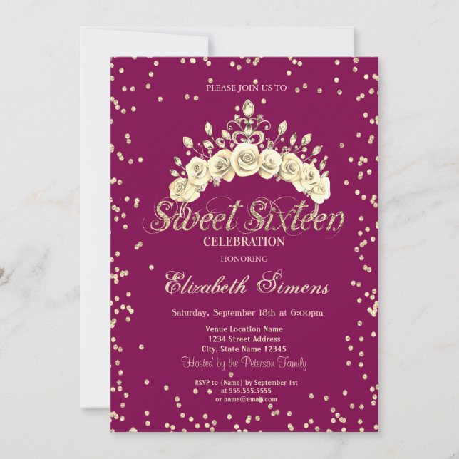 Invitation Floral Tiara Diamonds Princess Sweet 16 (Devant)