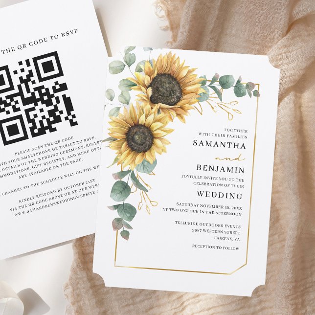 Invitation Floral Tournesol Eucalyptus QR Code Russe Mariage (Floral Sunflower Eucalyptus QR Code Rustic Wedding Invitation)