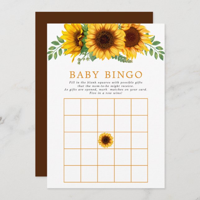 Invitation Floral tournesol Rustique Baby shower Jeu de Bingo (Devant / Derrière)