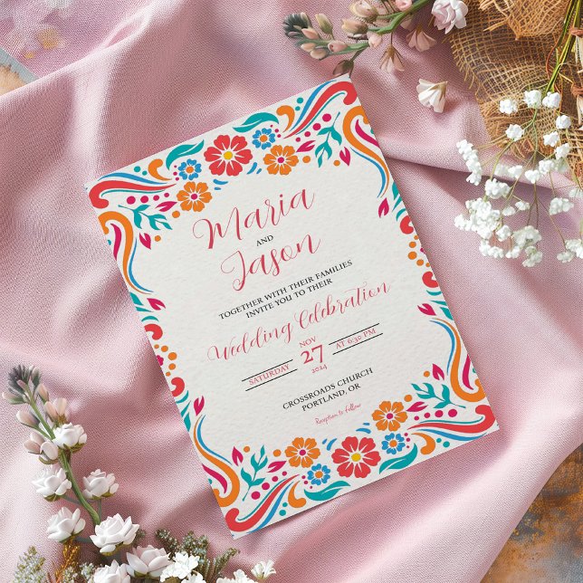 Invitation Floral traditionnel mexicain Mariage d'art populai (Mexican Floral Traditional Folk Art Wedding Invitation)