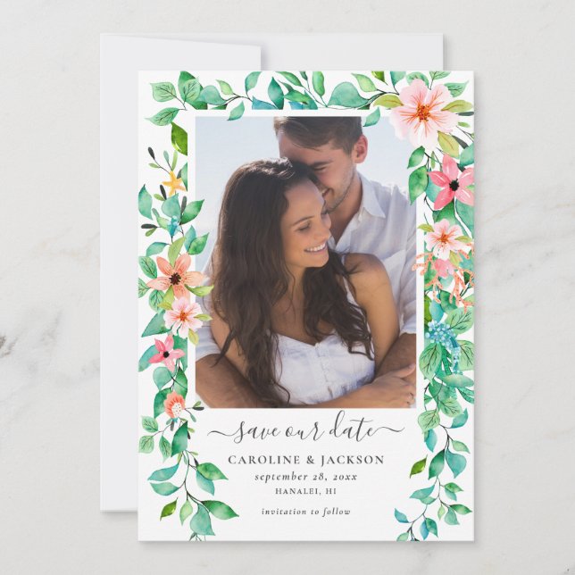 Invitation Floral Tropical Beach Photo Sauvez la date (Devant)