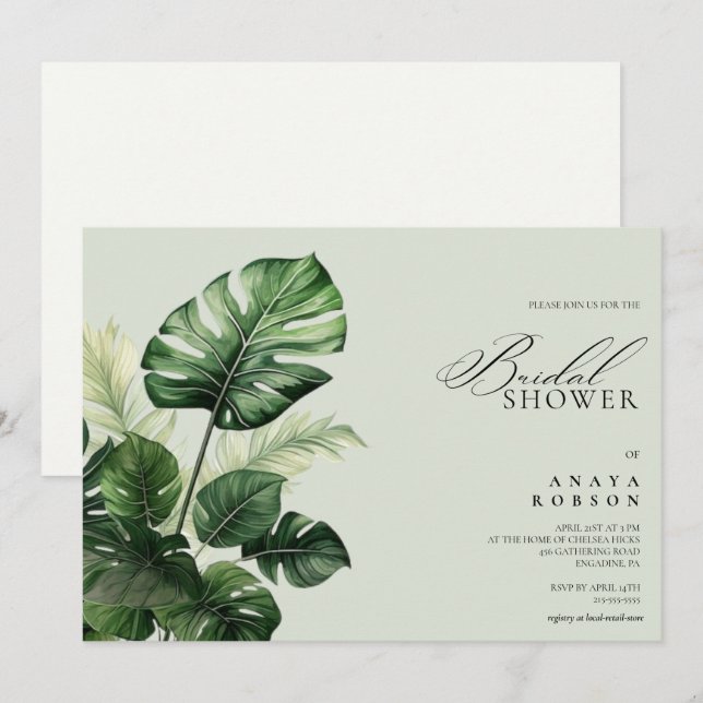 Invitation Floral tropical coloré | Douche nuptiale verte (Devant / Derrière)