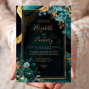Invitation Floral Turquoise Agate Gold Frame Mariage