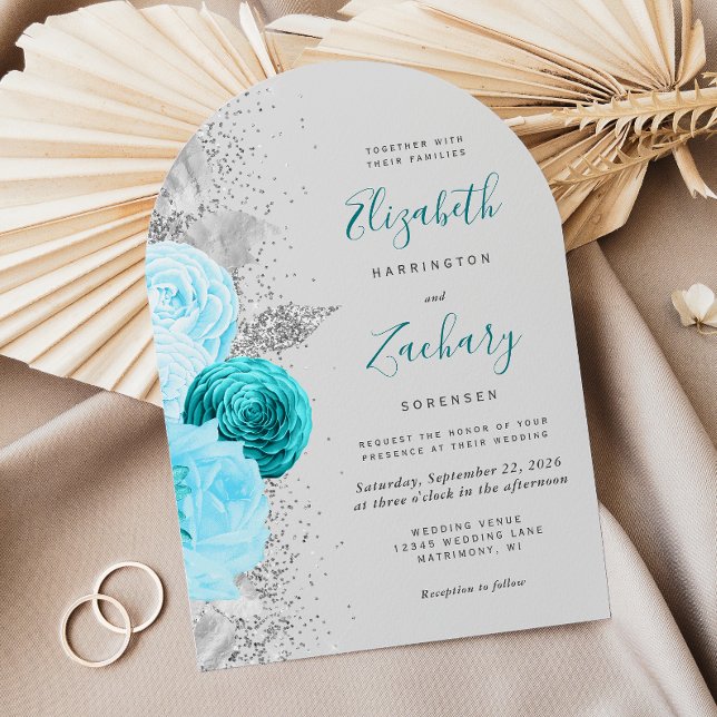 Invitation Floral Turquoise Argent Parties scintillant gris A (Créateur téléchargé)