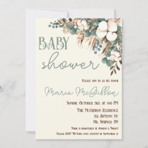 Invitation Floral Turquoise, Coton, Baby shower Grass Pampas