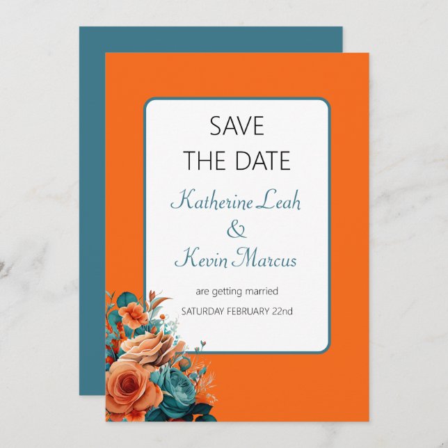 Invitation Floral turquoise et orange Enregistrer le Mariage  (Devant / Derrière)