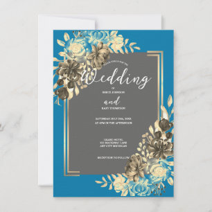 Invitation Floral Turquoise Gris & Pale Jaune Mariage