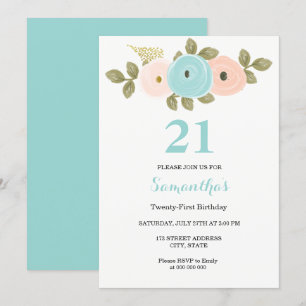 Invitation Floral Turquoise & Peach 21ème anniversaire de fêt