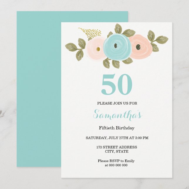 Invitation Floral Turquoise & Peach 50th Birthday Party Invit (Devant / Derrière)