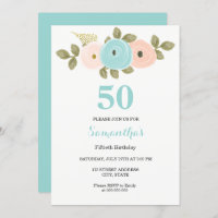 Floral Turquoise & Peach 50th Birthday Party Invit