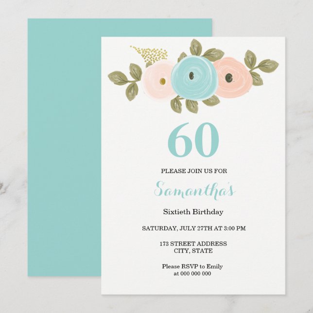 Invitation Floral Turquoise & Peach 60th Birthday Party Invit (Devant / Derrière)