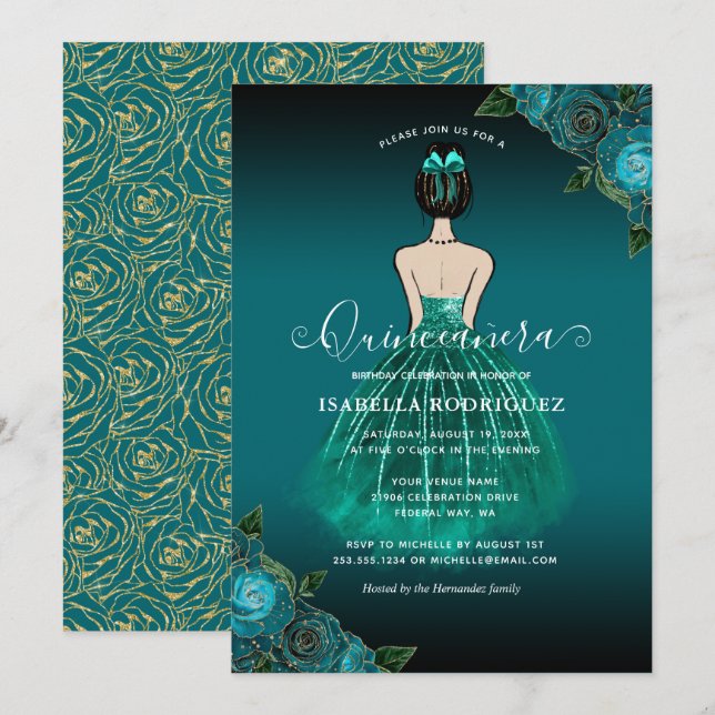Invitation Floral Turquoise Princess Gold Anniversaire Quince (Devant / Derrière)