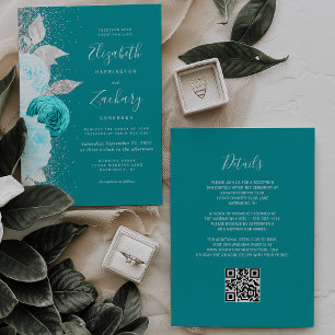 Invitation Floral Turquoise Silver Parties scintillant QR Cod