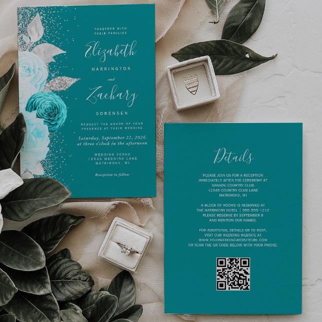 Invitation Floral Turquoise Silver Parties scintillant QR Cod (Créateur téléchargé)