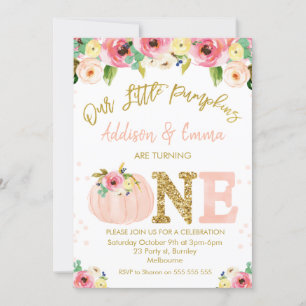 Invitation  Floral Twins Our Little Citrouille Birthday