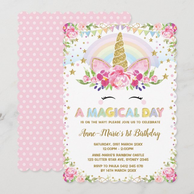 Invitation Floral Unicorn Anniversaire Pink Gold Party Invita (Devant / Derrière)