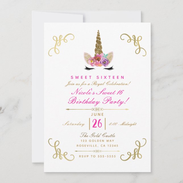Invitation Floral Unicorn Glam Gold Storybook Corners Party (Devant)