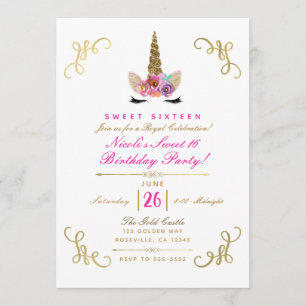 Invitation Floral Unicorn Glam Gold Storybook Corners Party