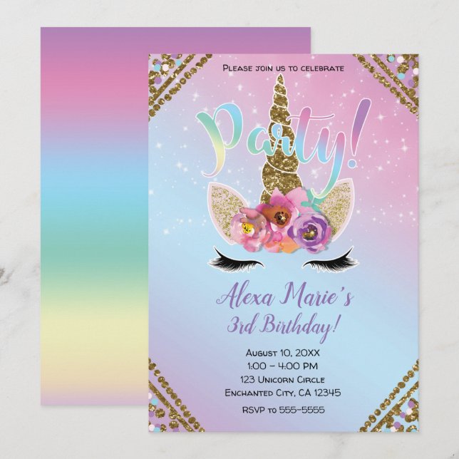 Invitation Floral Unicorn Horn Rainbow Sparkle fête d'anniver (Devant / Derrière)