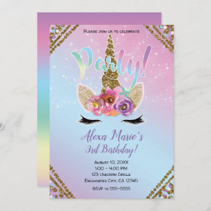 Invitation Floral Unicorn Horn Rainbow Sparkle fête d'anniver