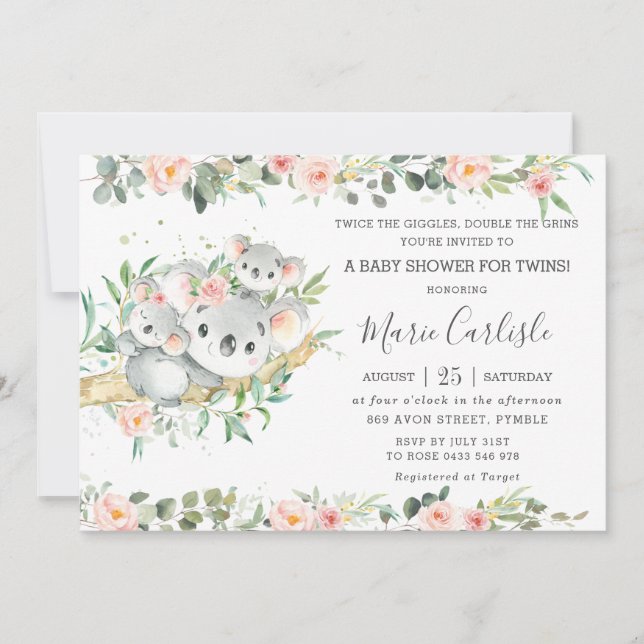Invitation Floral verdure Koala Twins Garçon Baby shower fill (Devant)