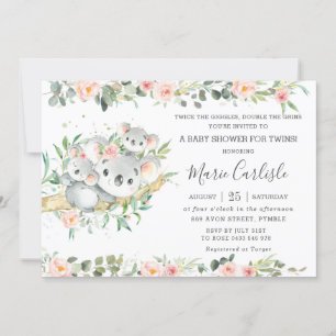 Invitation Floral verdure Koala Twins Garçon Baby shower fill