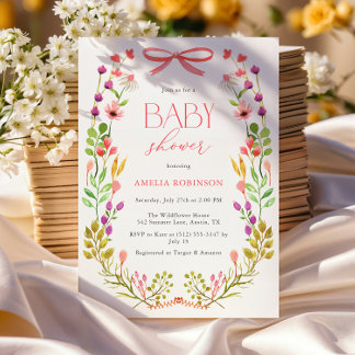 Invitation Floral Vert Bow rose Baby shower rustique