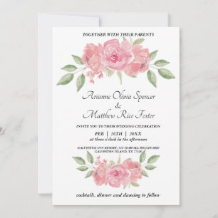 Invitation Floral, vert et rose sur blanc arrière - plan invi