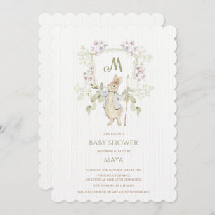 Invitation Floral vert Pierre le lapin Baby shower Monogramme