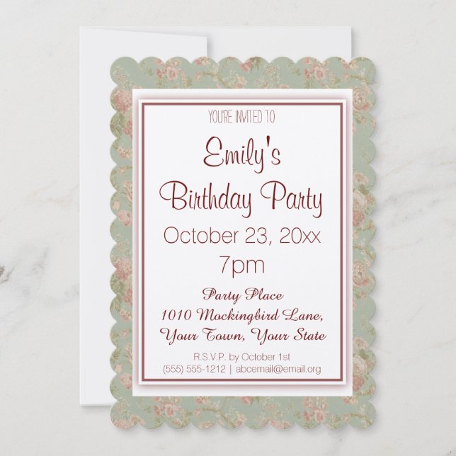 Invitation Floral vert rose Vintage (Devant)