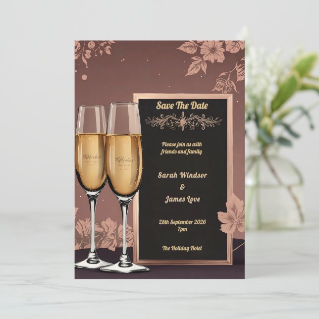 Invitation Floral vintage avec Toast de Champagne (Debout devant)