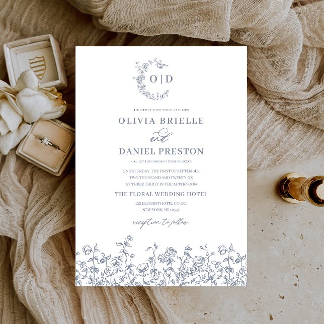 Invitation Floral Vintage Dusty Blue Monogram Mariage (Créateur téléchargé)