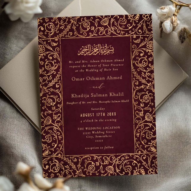Invitation Floral Vintage Gold & Burgundy Islamic Wedding (Créateur téléchargé)