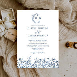 Invitation Floral Vintage Navy Blue Monogram Mariage