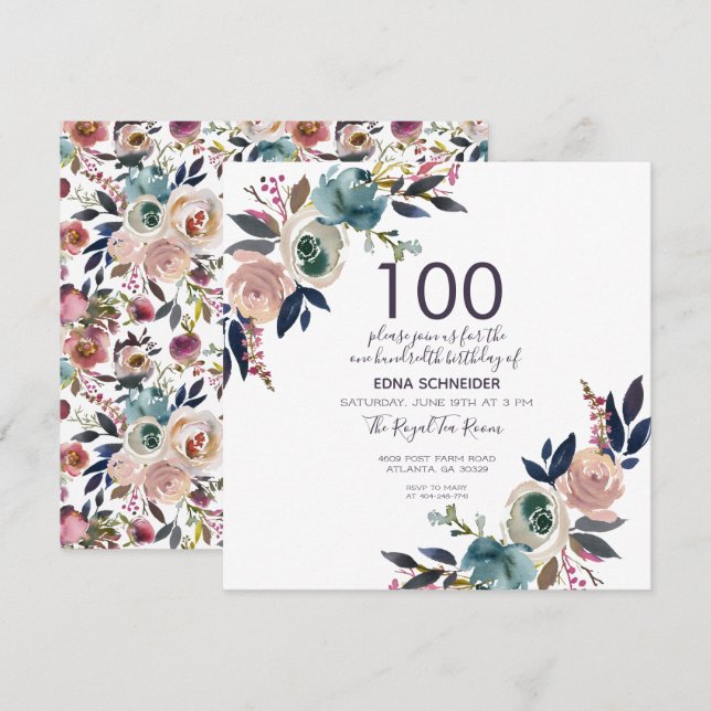 Invitation Floral Vintage Navy & Blush | Anniversaire 100 ans (Devant / Derrière)