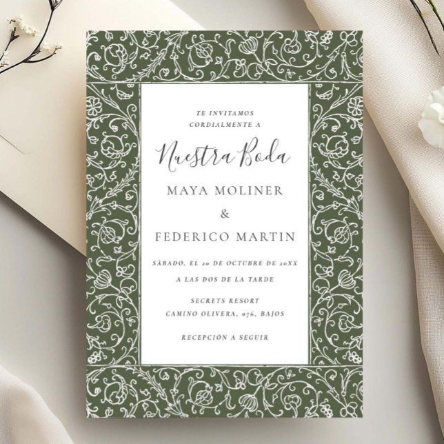 Invitation Floral Vintage Vert Nuestra Boda Mariage (Créateur téléchargé)