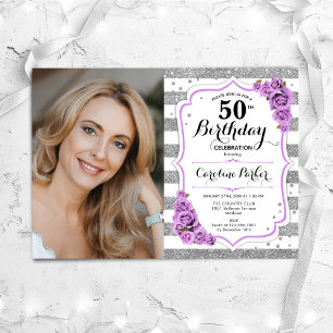 Invitation Floral violet argent blanc Photo 50e anniversaire