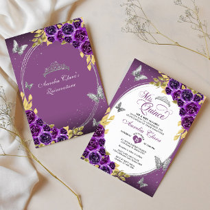 Invitation Floral violet argent Tiara Butterfly Quinceañera