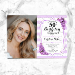 Invitation Floral violet blanc photo 50e anniversaire<br><div class="desc">Elégante invitation au 50e anniversaire fleurie féminine avec votre photo. Glam, blanc et lavande violet design avec rayures, roses lilas clair, police de script et confetti. Parfait pour une fête anniversaire adulte élégante. Personnalisez avec vos propres détails. Peut être customisé pour n'importe quel âge ! Invitations Zazzle imprimées ou téléchargement...</div>