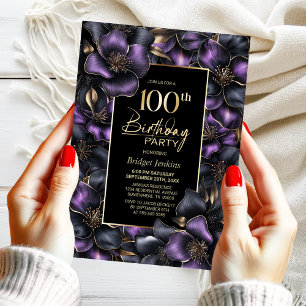 Invitation Floral violet et gris 100e fête d'anniversaire