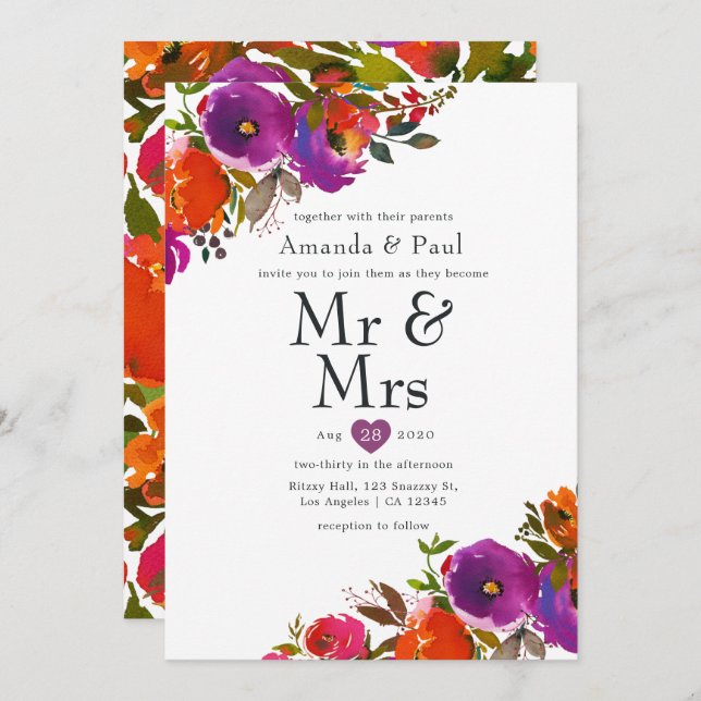 Invitation Floral violet et orange M. et Mme Mariage (Devant / Derrière)