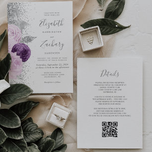 Invitation Floral violet Parties scintillant argent blanc QR