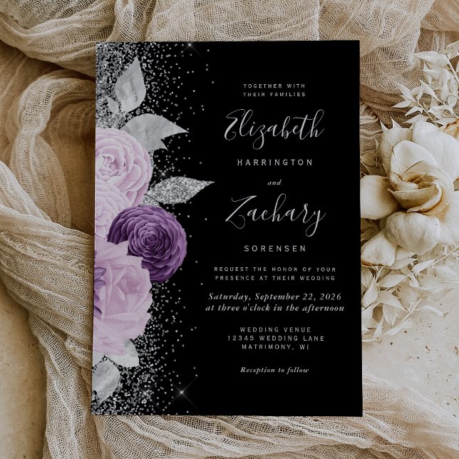 Invitation Floral violet Parties scintillant argent Mariage n (An elegant choice for a wedding with a purple, silver and black color palette.)