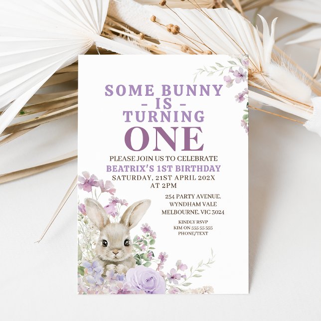 Invitation Floral Violet Un Lapin Tournant Un 1Er Anniversair (Some bunny is turning one 1st birthday invitation with fury bunny and purple wildflowers.  Easter)
